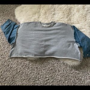 Lonna denim sleeve distressed cotton pullover